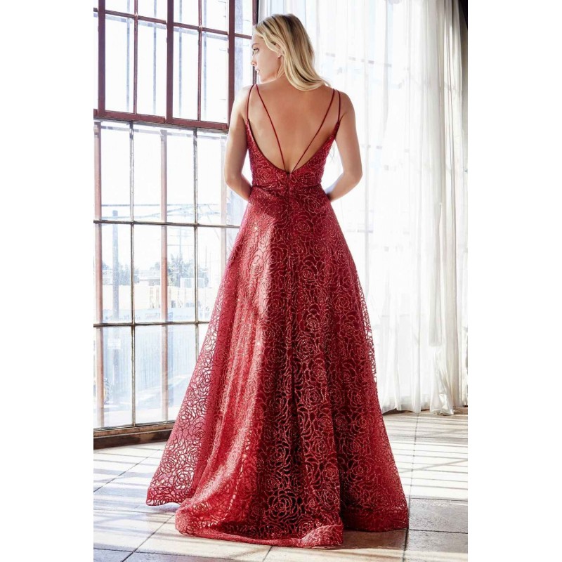 Ball Gown With Rose Glitter Print, Plunge Neckline And Open Back by Cinderella Divine -CB059