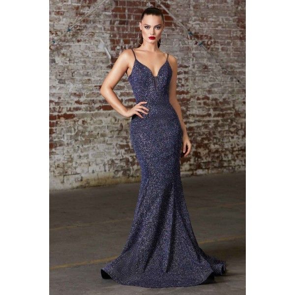 Fitted Glitter Gown With Lace Up Back And Plunge Neckline by Cinderella Divine -CB054
