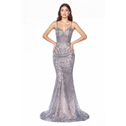 Slim Fit Gown With Glitter Print Details And Deep Plunging Neckline by Cinderella Divine -C24
