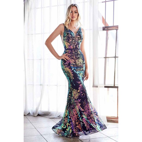 Fitted Dress With Iridescent Sequin Print And Illusion Sides by Cinderella Divine -J795