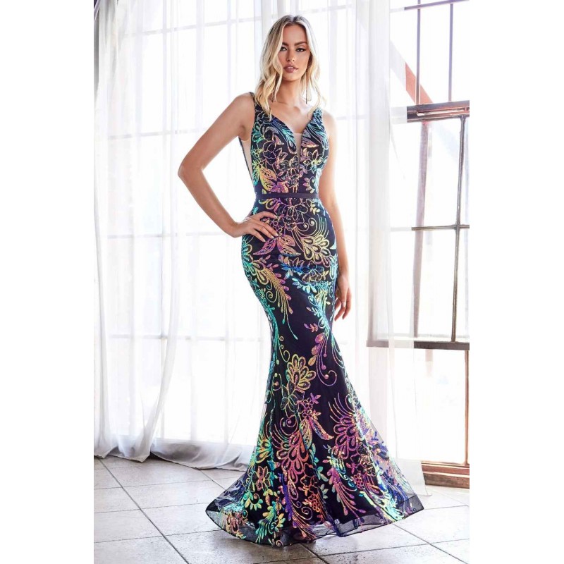 Fitted Dress With Iridescent Sequin Print And Illusion Sides by Cinderella Divine -J795