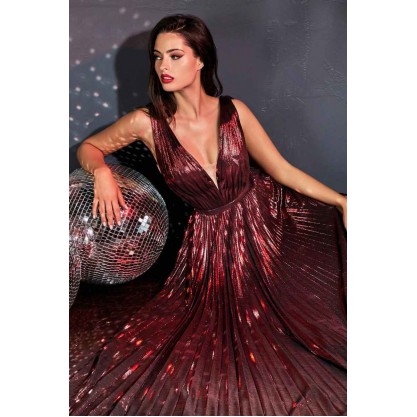 A-Line Metallic Pleated Gown With Deep V-Neckline And Leg Slit by Cinderella Divine -CD160