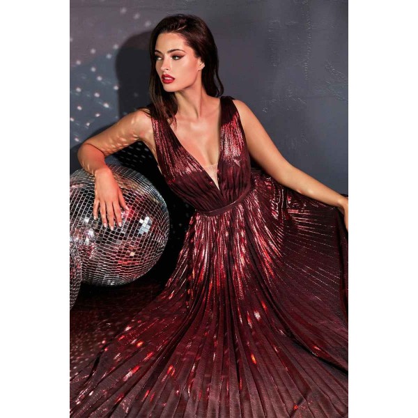 A-Line Metallic Pleated Gown With Deep V-Neckline And Leg Slit by Cinderella Divine -CD160