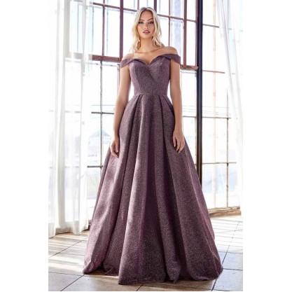 Off The Shoulder Glitter Gown With Sweetheart Neckline And Pockets by Cinderella Divine -CB056