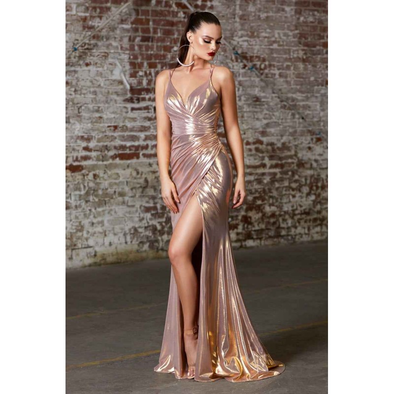 Fitted Gown With Metallic Liquid Effect And Gathered Waistline by Cinderella Divine -CD164