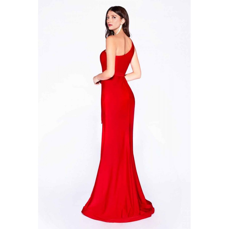 Fitted One Shoulder Gown With Leg Slit And Hanging Belt by Cinderella Divine -CD0143