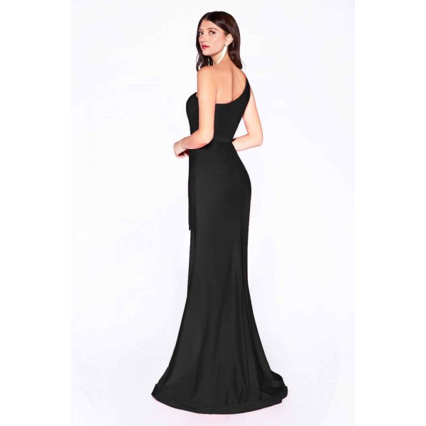 Fitted One Shoulder Gown With Leg Slit And Hanging Belt by Cinderella Divine -CD0143