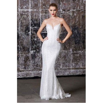 Fitted Iridescent Sequin Gown With Lace Up Back And Deep Sweetheart Neckline by Cinderella Divine -J787