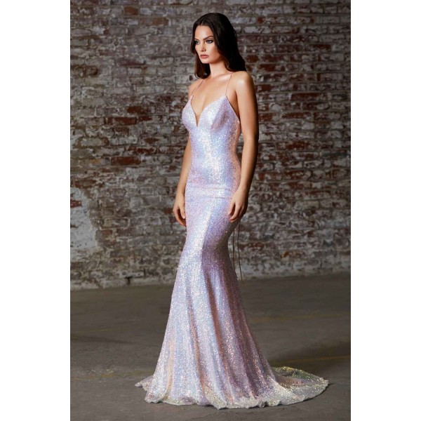Fitted Iridescent Sequin Gown With Lace Up Back And Deep Sweetheart Neckline by Cinderella Divine -J787