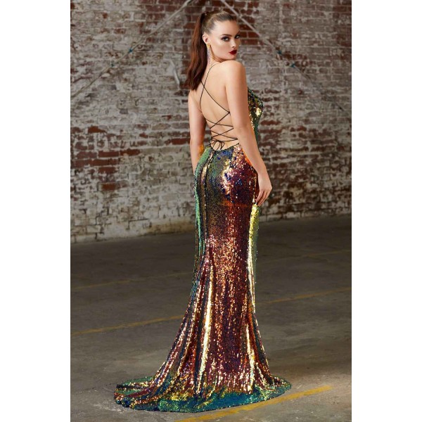 Fitted Sexy Sequin Gown With Iridescent Finish And Lace Up Back by Cinderella Divine -CDS393