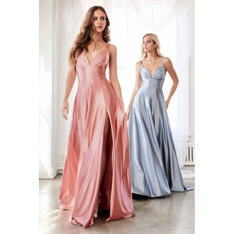 Satin A-Line Dress With Pleated Bodice And Leg Slit by Cinderella Divine -CD903