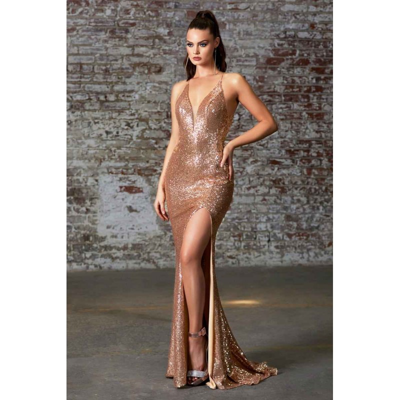 Slim Fit Gold Sequin Gown With Criss Cross Back And Leg Slit by Cinderella Divine -CDS372