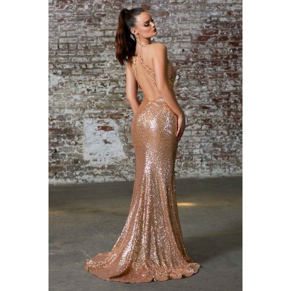 Slim Fit Gold Sequin Gown With Criss Cross Back And Leg Slit by Cinderella Divine -CDS372