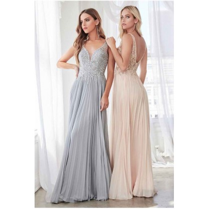 A-Line Pleated Chiffon Gown With Lace Applique Bodice And Open Back by Cinderella Divine -CD0158