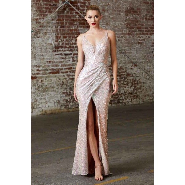 Slim Fit Sequin Gown With Gathered Waist And Pleated V-Neckline by Cinderella Divine -CH222