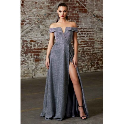 Off The Shoulder A-Line Dress With Metallic Finish And Leg Slit by Cinderella Divine -CD162