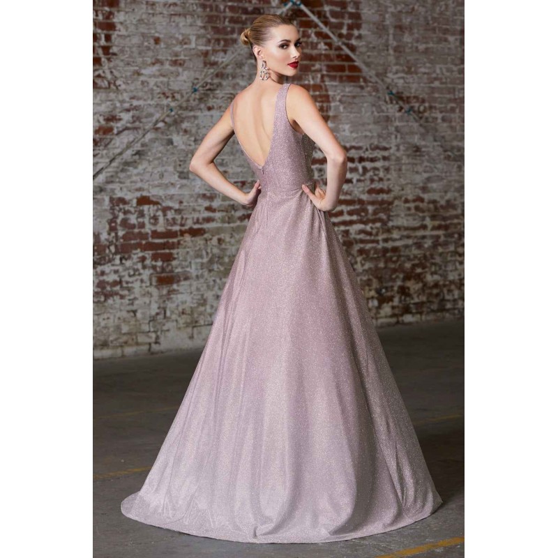 A-Line Metallic Glitter Ombre Gown With Pleated Neckline And Pockets by Cinderella Divine -9174