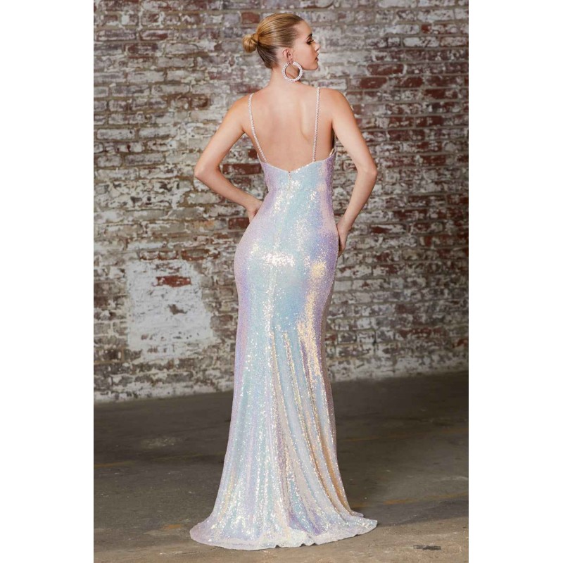 Fitted Sequin Gown With Gathered Waistline And Embellished Straps by Cinderella Divine -CD202