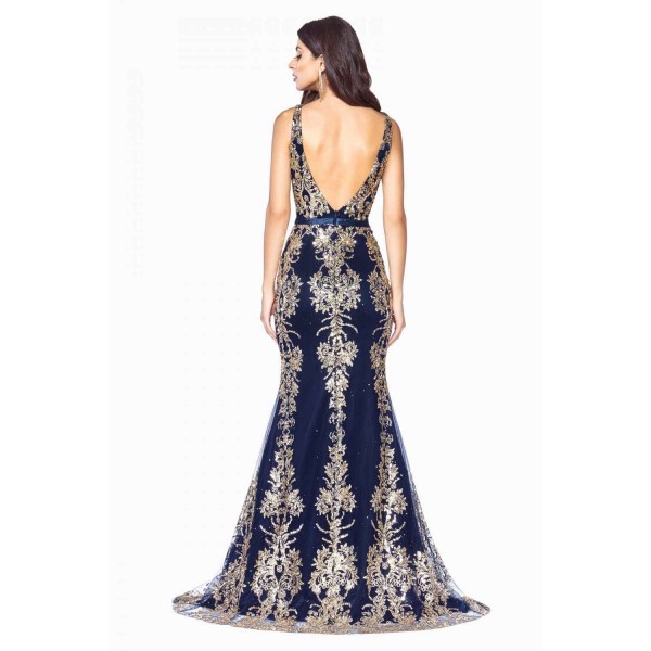 Fitted Glitter Print Gown With Deep Plunging Neckline And Open Back by Cinderella Divine -J786