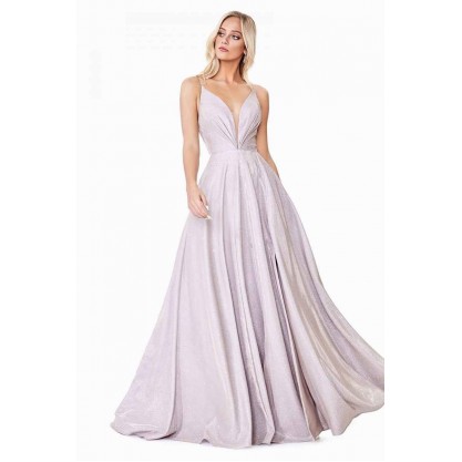 A-Line Sparkle Gown With Deep Plunging Neckline And Open Back by Cinderella Divine -CD185