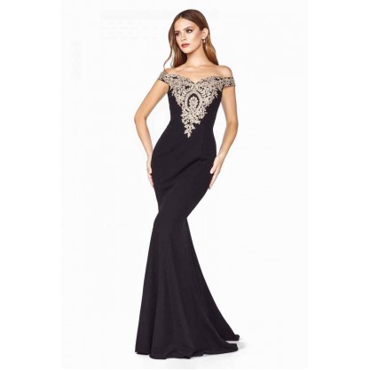Off The Shoulder Fitted Gown With Lace Applique Deatails On The Bodice And Down The Back Of The Train by Cinderella Divine -KV1051