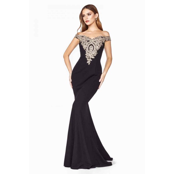 Off The Shoulder Fitted Gown With Lace Applique Deatails On The Bodice And Down The Back Of The Train by Cinderella Divine -KV1051