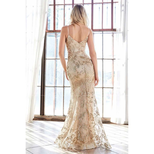 Fitted Gown With Glitter Floral Print And Sweetheart Neckline by Cinderella Divine -R2901