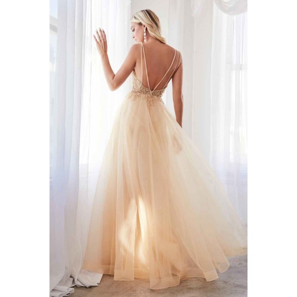A-Line Dress With Beaded Applique Bodice And Layered Tulle Skirt by Cinderella Divine -CD0154