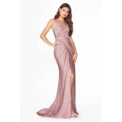 Fitted Stretch Jersey Gown With Gathered Belted Waistline And Leg Slit by Cinderella Divine -C81730