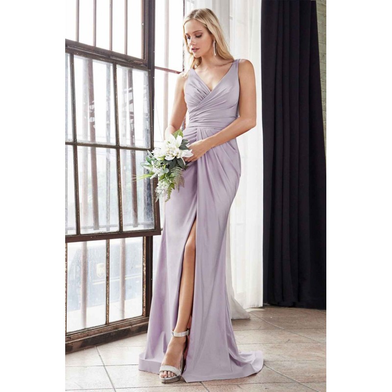Fitted Stretch Jersey Gown With Gathered Belted Waistline And Leg Slit by Cinderella Divine -C81730