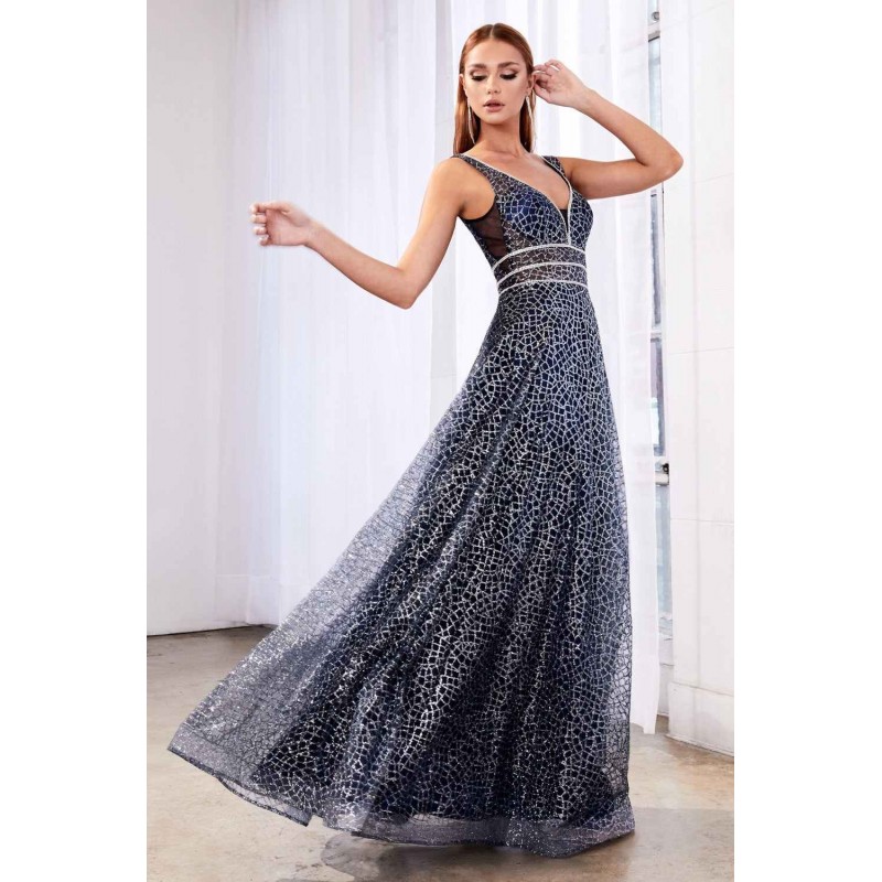 A-Line Glitter Gown With Three Embellished Belts And Illusion Sheer Sides by Cinderella Divine -CJ256