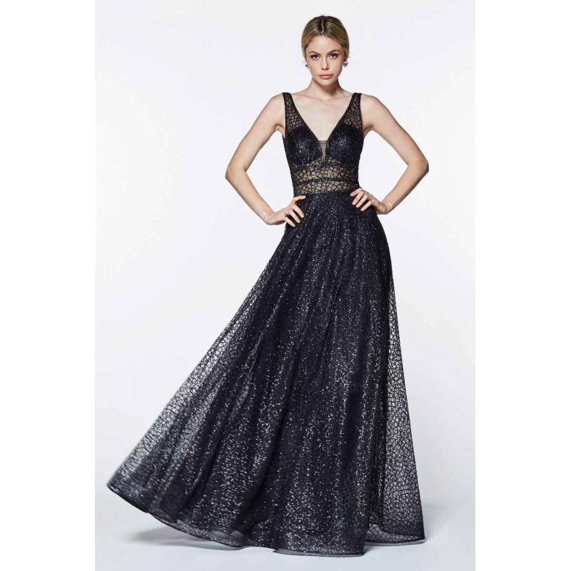 A-Line Glitter Gown With Three Embellished Belts And Illusion Sheer Sides by Cinderella Divine -CJ256