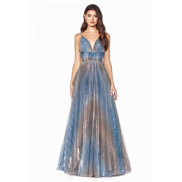 A-Line Ombre Metallic Dress With Pleated Skirt And Braided Straps by Cinderella Divine -CJ538