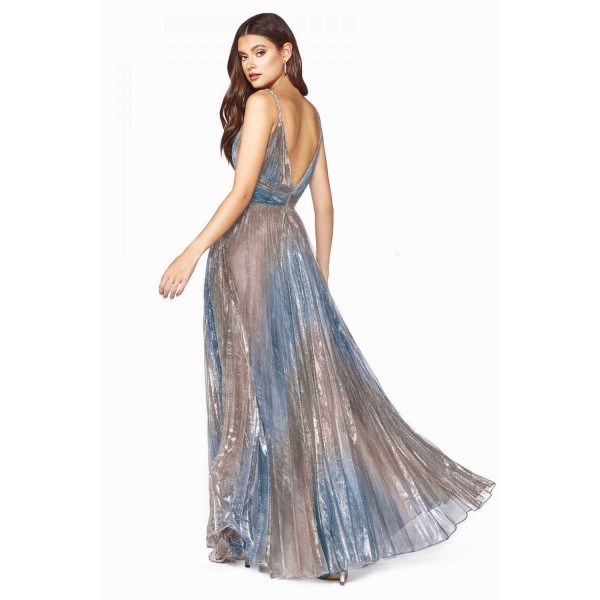 A-Line Ombre Metallic Dress With Pleated Skirt And Braided Straps by Cinderella Divine -CJ538