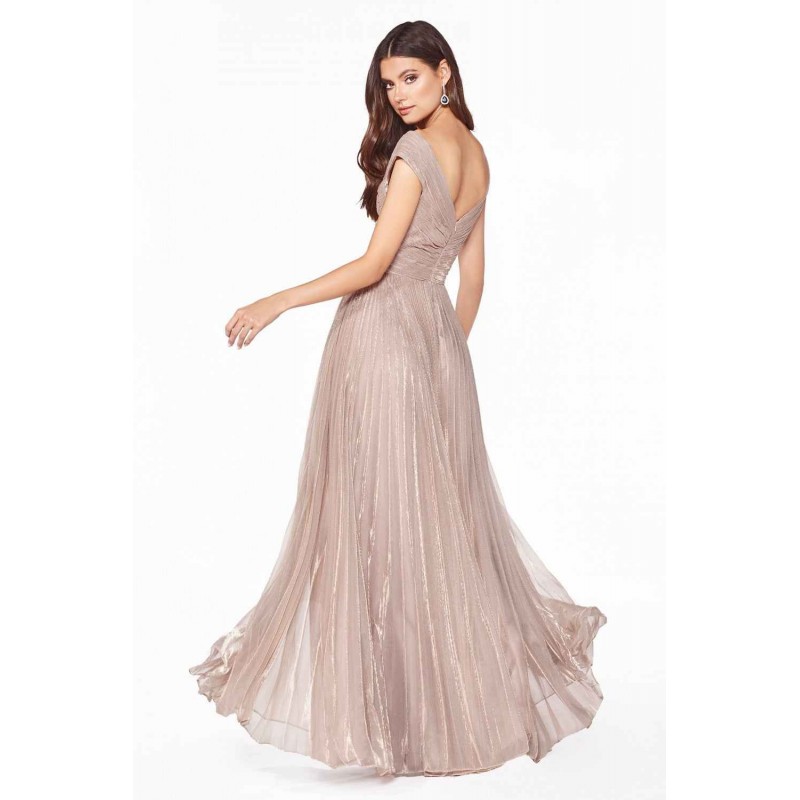 A-Line Pleated Metallic Dress With Cap Sleeve And V-Neckline by Cinderella Divine -CJ539