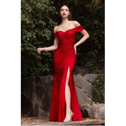 Off The Shoulder Fitted Jersey Gown With Leg Slit And Ruching by Cinderella Divine -KV1050