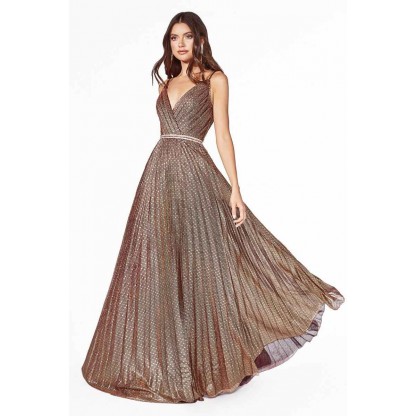 A-Line Pleated Gown With Gathered Bodice And Striped Metallic Details by Cinderella Divine -KC896