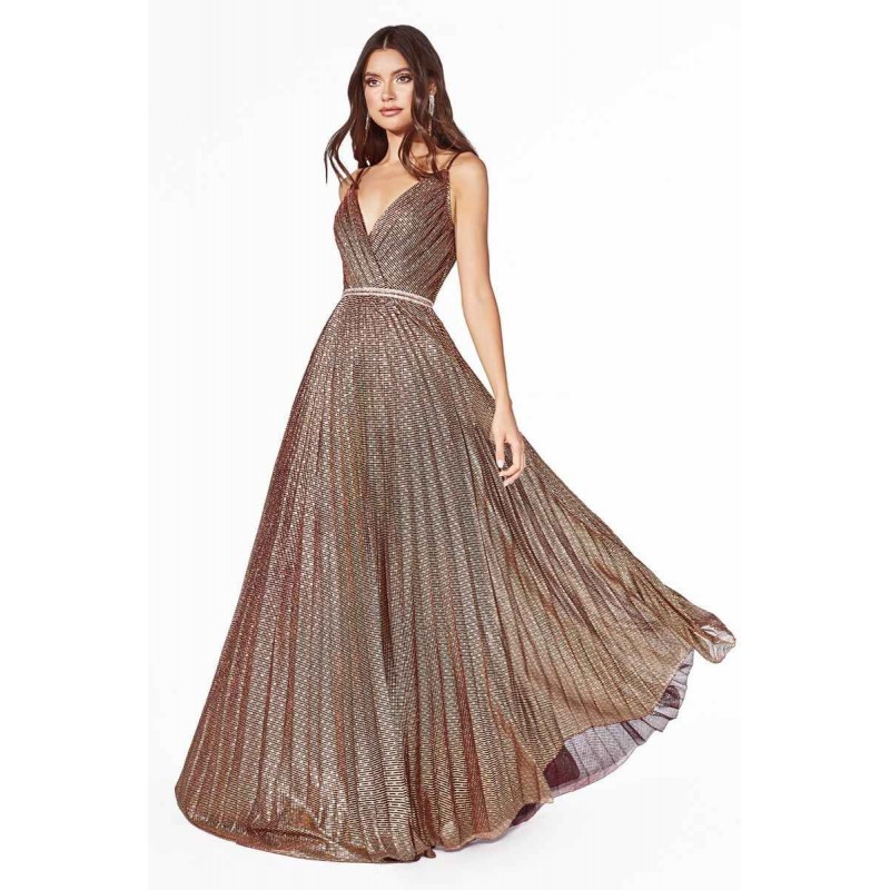 A-Line Pleated Gown With Gathered Bodice And Striped Metallic Details by Cinderella Divine -KC896