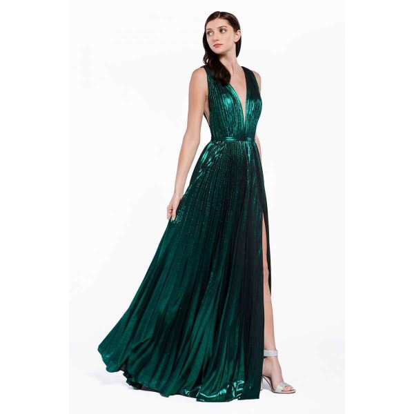 A-Line Metallic Pleated Gown With Deep V-Neckline And Leg Slit by Cinderella Divine -CJ529