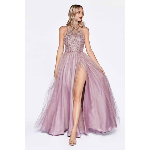 A-Line Layered Tulle Dress With Halter Neckline And Leg Slit by Cinderella Divine -CD0145
