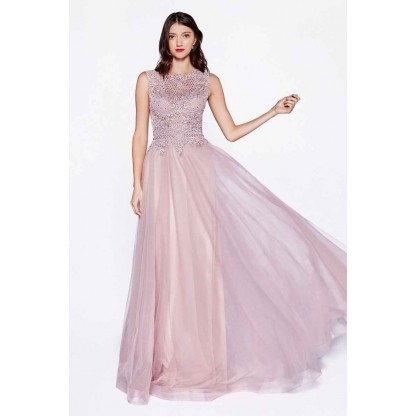 A-Line Tulle Dress With Embellished Lace Top And Closed Back by Cinderella Divine -CD0144