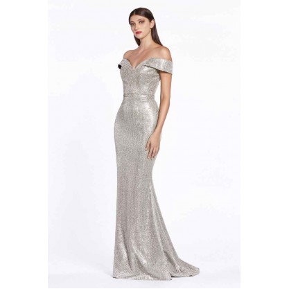 Off The Shoulder Gown With Metallic Finish And Sweetheart Neckline by Cinderella Divine -CZ0018