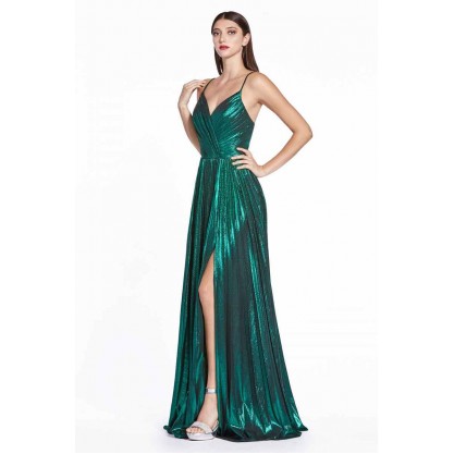 A-Line Dress With Metallic Pleated Fabric And V-Neckline by Cinderella Divine -CJ531