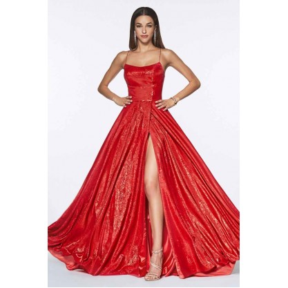 A-Line Metallic Ball Gown With Lace Up Back And Leg Slit by Cinderella Divine -CJ525