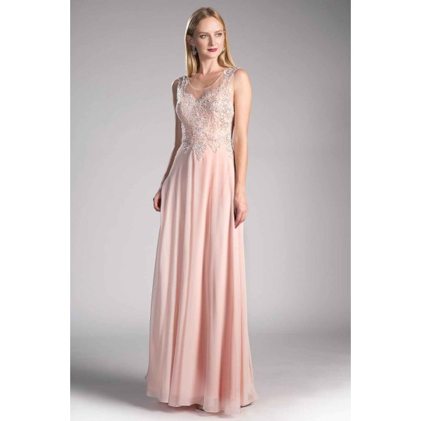A-Line Chiffon Gown With Lace Embellished Bodice by Cinderella Divine -2635
