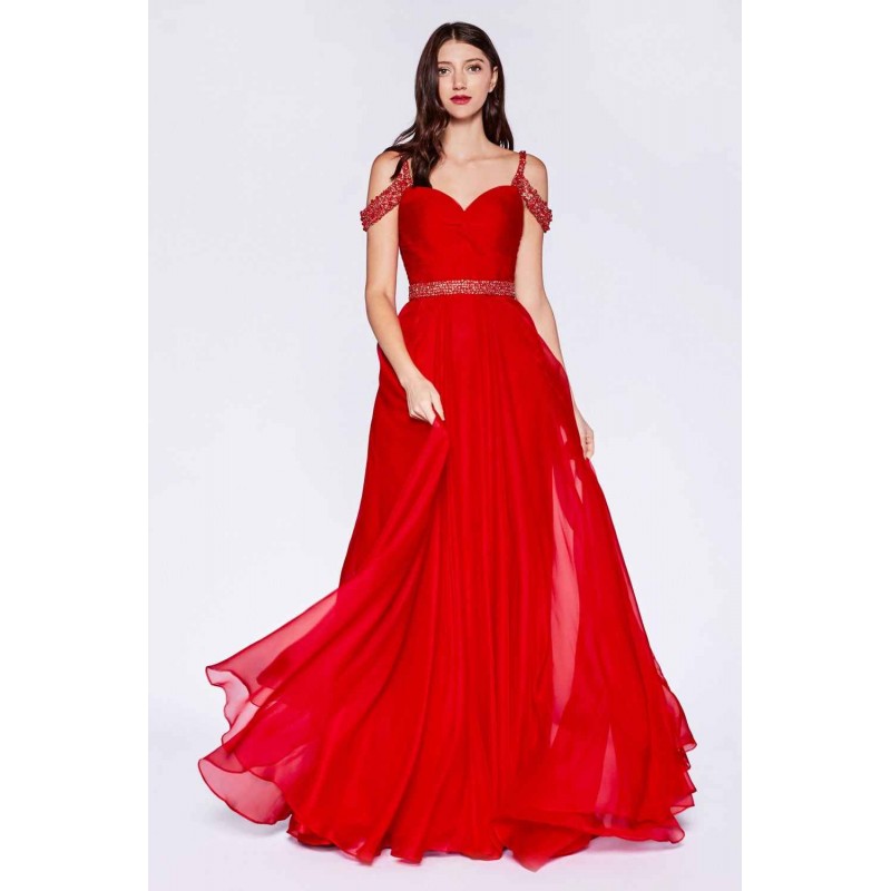 Off The Shoulder Chiffon Gown With Crystal Beaded Details And Ruched Bodice by Cinderella Divine -P211