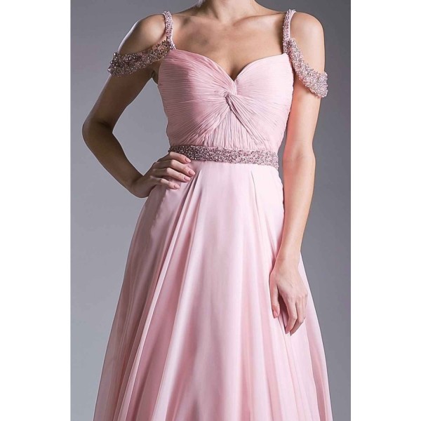 Off The Shoulder Chiffon Gown With Crystal Beaded Details And Ruched Bodice by Cinderella Divine -P211