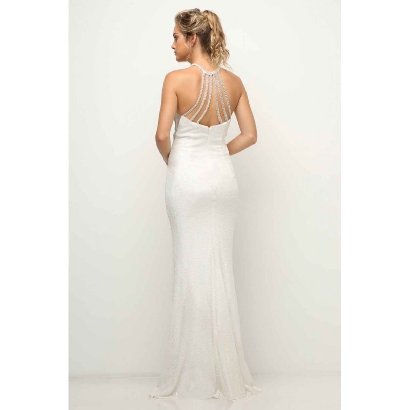 Fitted Halter Sequin Gown With Illusion Sides And Strappy Back Detail by Cinderella Divine -UR139