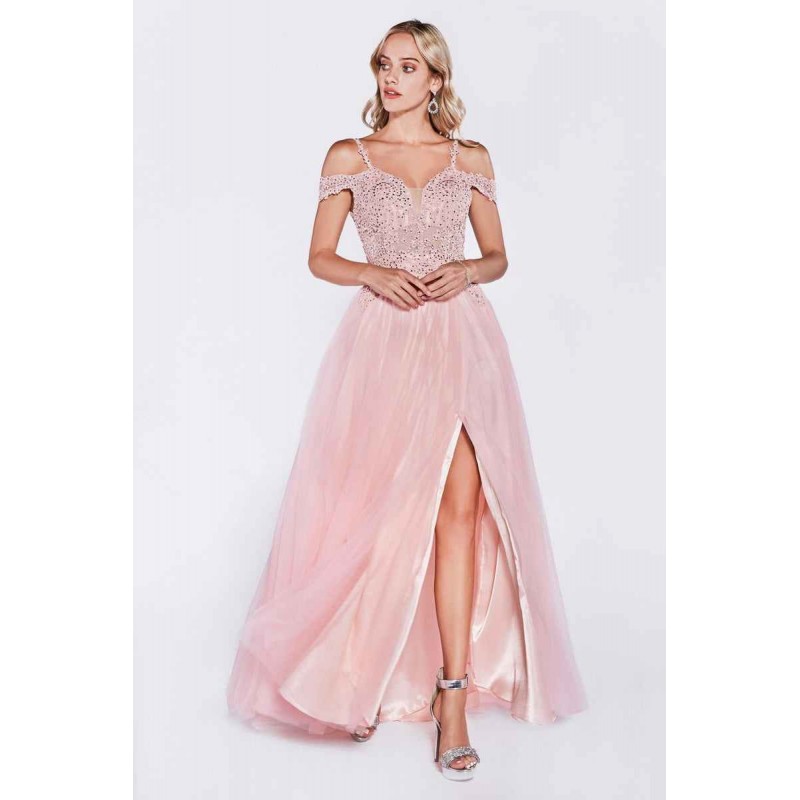 Off The Shoulder Tulle Gown With Leg Slit And Beaded Bodice by Cinderella Divine -CD0138
