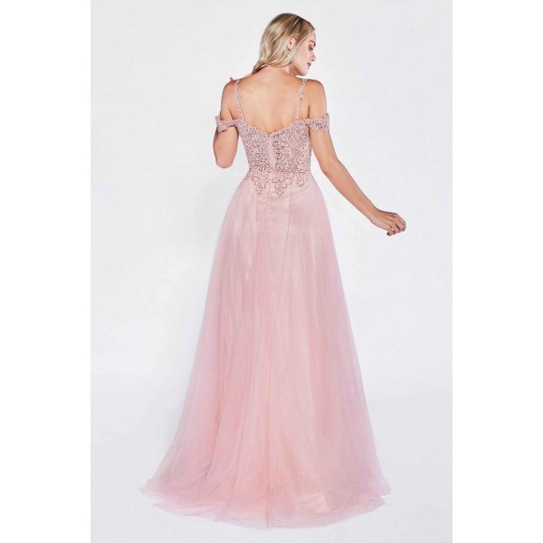 Off The Shoulder Tulle Gown With Leg Slit And Beaded Bodice by Cinderella Divine -CD0138